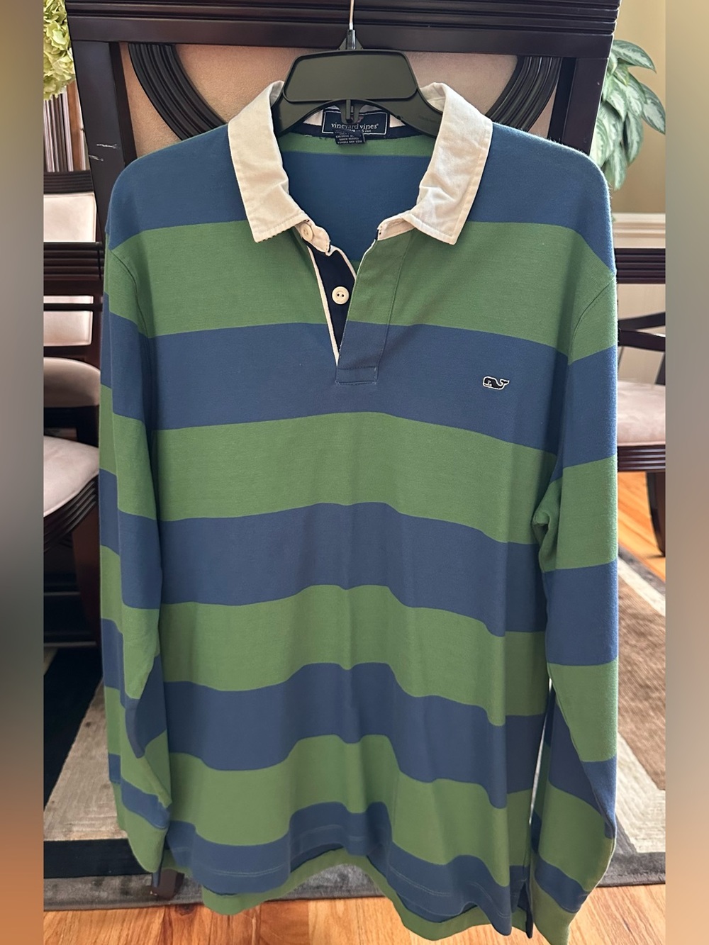 Vineyard Vines Blue and Green Striped Rugby Polo with White Collar.New!